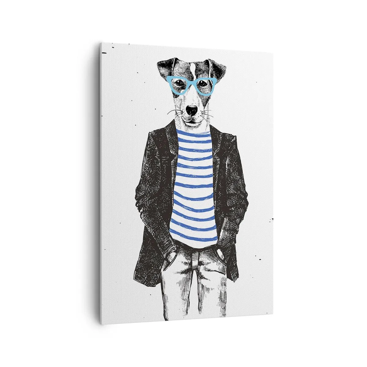 Bild auf Leinwand - Leinwandbild - Porträt eines Hundes mit Brille und Matrosenhemd im humorvollen Stil - 70x100cm - Auf den Charme des Hundes - Moderne Wanddekoration für Wohnzimmer und Schlafzimmer ARTTOR