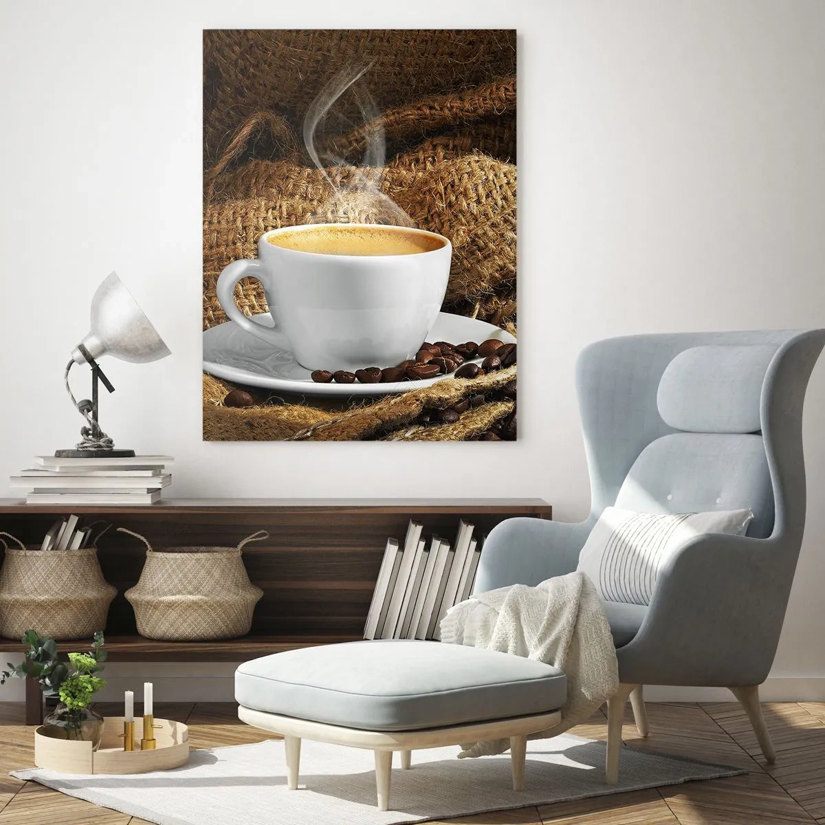 Glasbild - Bild auf glas - Eine Tasse Kaffee, umgeben von einer Tüte Kaffeebohnen - 70x100cm - Der Geruch von Mokka und die Dicke der Honigflüssigkeit - Moderne Wanddekoration für Wohnzimmer und Schlafzimmer ARTTOR