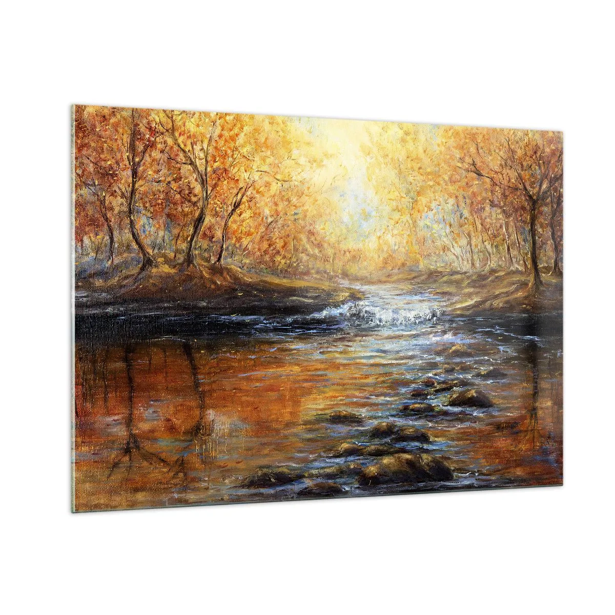 Glasbild - Bild auf glas - Ein goldener Bach im Wald, umgeben von Herbstbäumen - 100x70cm - Der goldene Strom - Moderne Wanddekoration für Wohnzimmer und Schlafzimmer ARTTOR