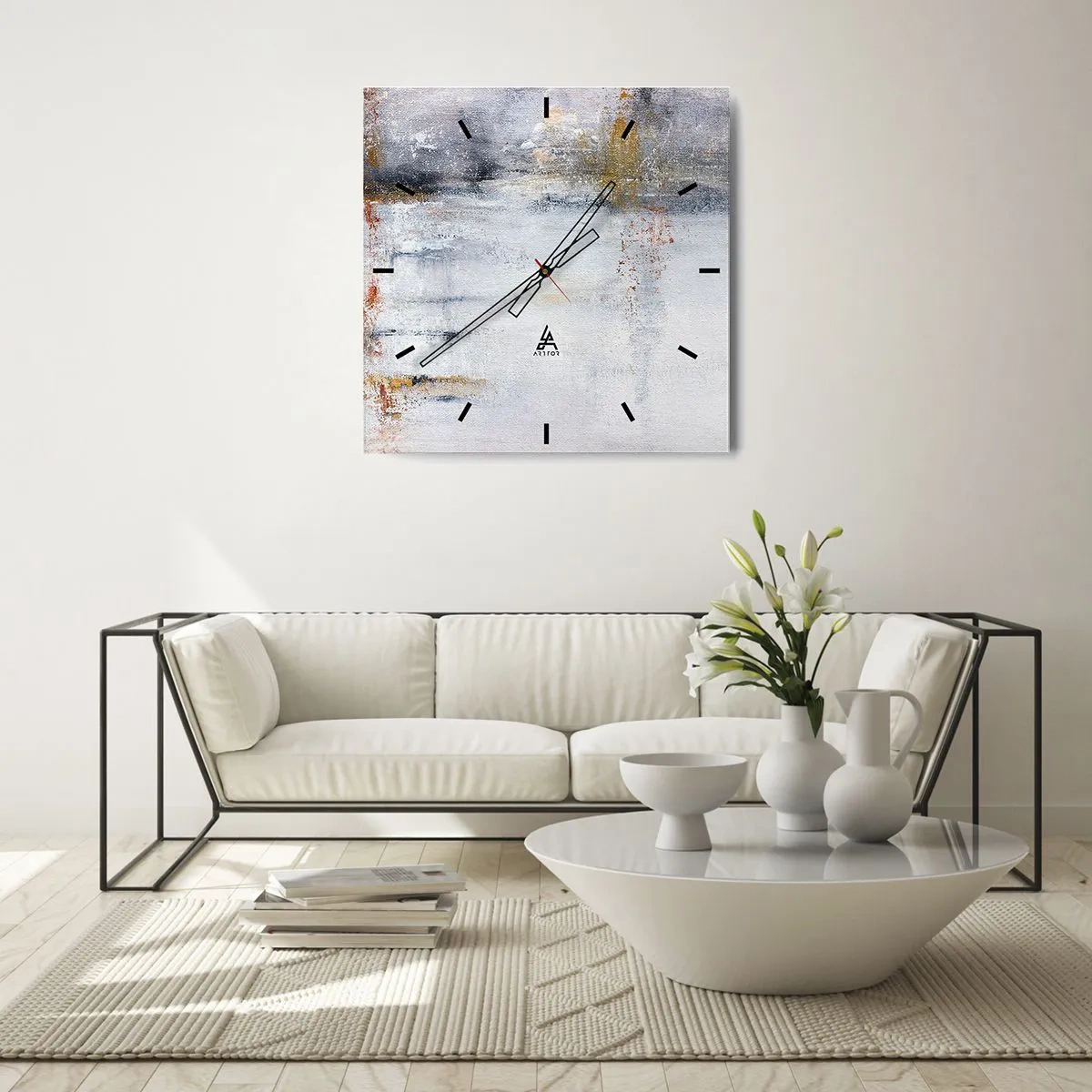 Wanduhr - Glasuhr - Eine abstrakte Landschaft mit verschwommenen Akzenten in Grau und Gold. - 30x30cm - Hinter dem Luftvorhang - Moderne Wanddekoration für Wohnzimmer und Schlafzimmer ARTTOR