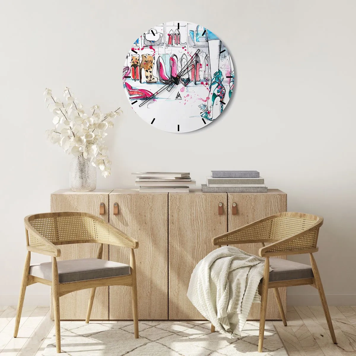 Wanduhr - Glasuhr - Stylische High Heels in einem eleganten Accessoire-Geschäft - 30x30cm - Sesam, mach auf - Moderne Wanddekoration für Wohnzimmer, Küche und Schlafzimmer ARTTOR