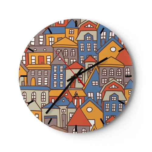 Wanduhr - Glasuhr - Bunte Gebäude im grafischen Stil - 30x30cm - Hinter dem Haus ist das Haus - Moderne Wanddekoration für Wohnzimmer, Küche und Schlafzimmer ARTTOR