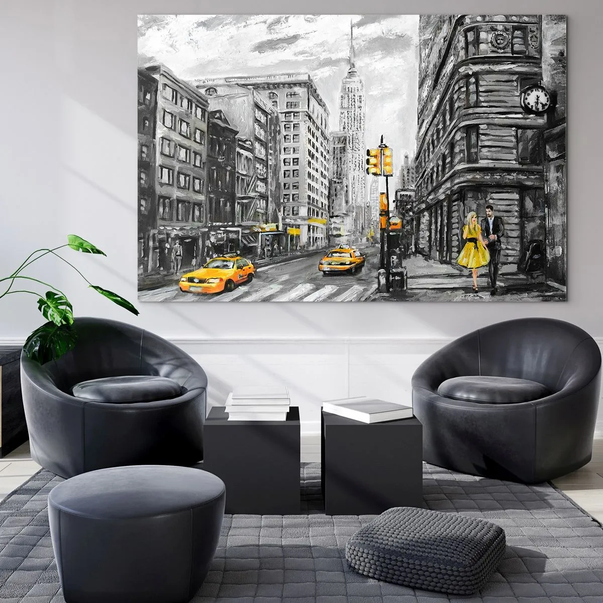 Glasbild - Bild auf glas - Eine Illustration von New York City in Schwarz-Weiß-Tönen mit gelben Akzenten. - 120x80cm - Eine New Yorker Geschichte - Moderne Wanddekoration für Wohnzimmer und Schlafzimmer ARTTOR