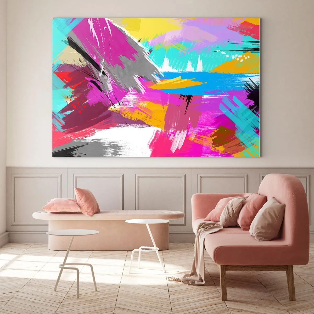 Glasbild - Bild auf glas - Farbenfrohe Abstraktion mit dynamischen Pinselstrichen - 120x80cm - Und nochmal und nochmal und nochmal wieder - Moderne Wanddekoration für Wohnzimmer und Schlafzimmer ARTTOR