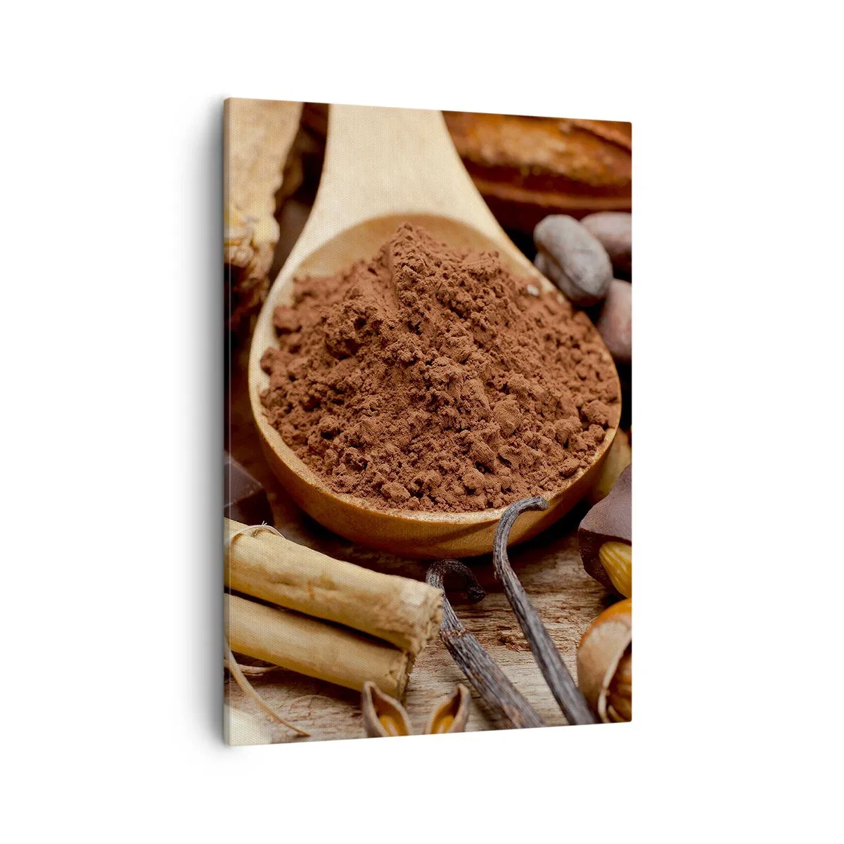 Bild auf Leinwand - Leinwandbild - Ein Löffel Kakao- und Schokoladenzutaten in einem rustikalen Arrangement - 50x70cm - Die Beste gegen Sorgen - Moderne Wanddekoration für Wohnzimmer und Schlafzimmer ARTTOR