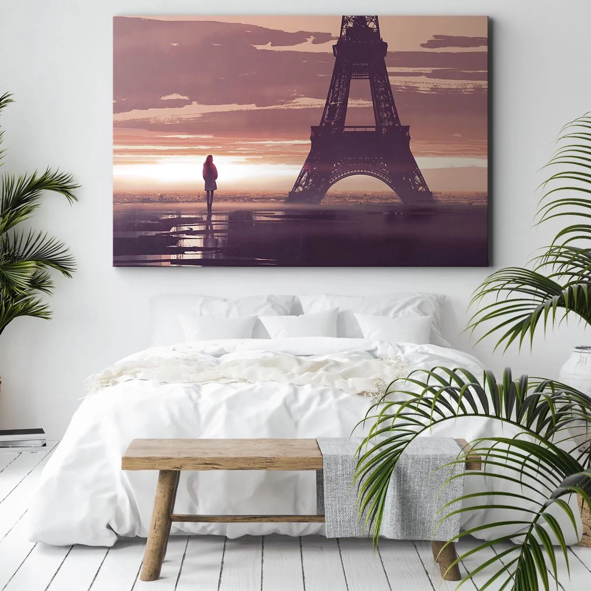 Bild auf Leinwand - Leinwandbild - Eine Figur, die im Licht der untergehenden Sonne auf den Eiffelturm blickt - 120x80cm - Nur zwei davon - Moderne Wanddekoration für Wohnzimmer und Schlafzimmer ARTTOR