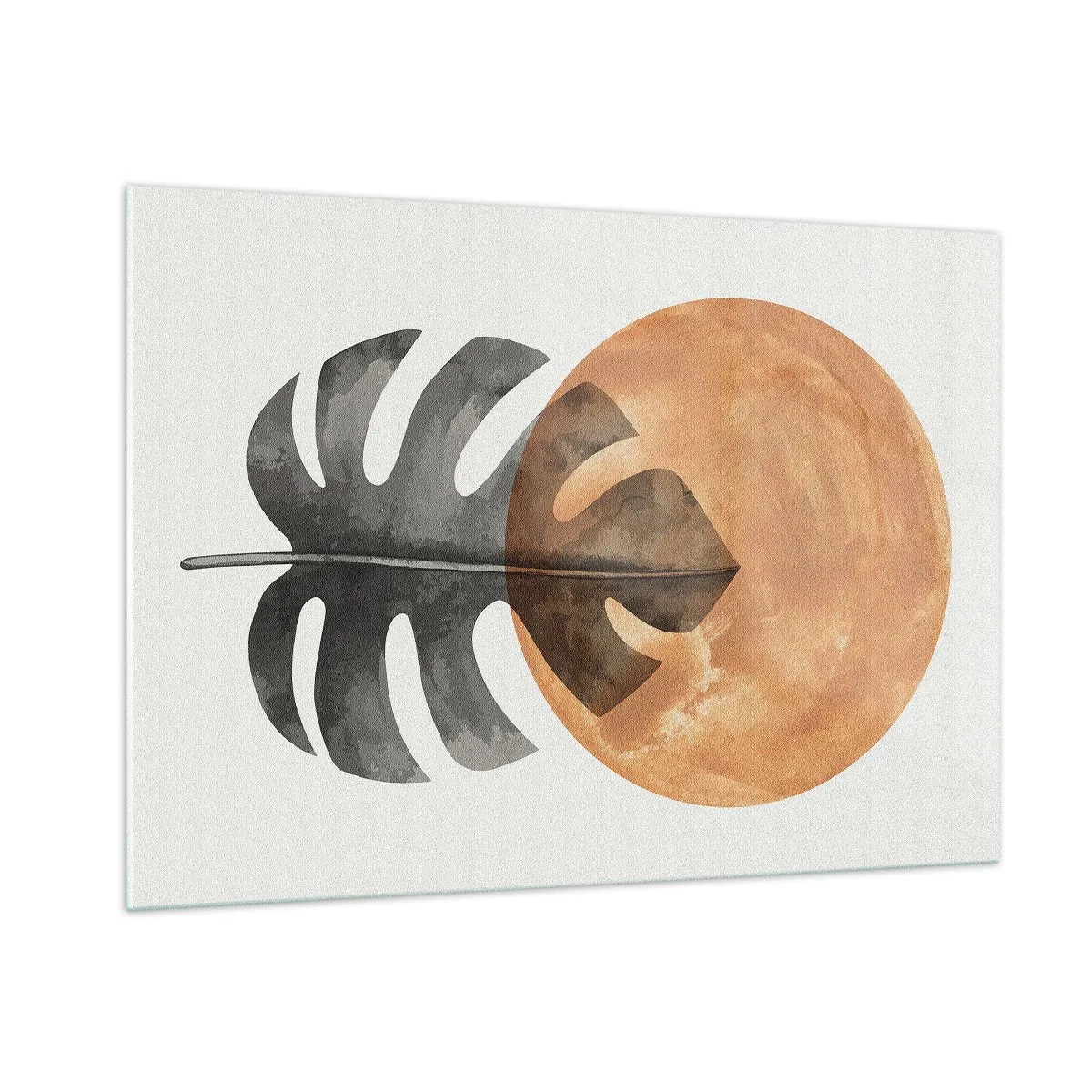 Glasbild - Bild auf glas - Monstera-Blatt und orangefarbener Kreis im Grafikstil auf weißem Hintergrund. - 100x70cm - Immer die Sonne - Moderne Wanddekoration für Wohnzimmer und Schlafzimmer ARTTOR