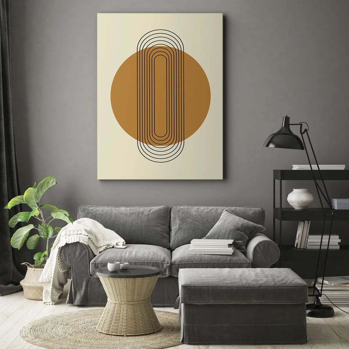 Bild auf Leinwand - Leinwandbild - Geometrisches Muster mit orangefarbenen Kreisen und Linien - 80x120cm - Perfekter Plan - Moderne Wanddekoration für Wohnzimmer und Schlafzimmer ARTTOR