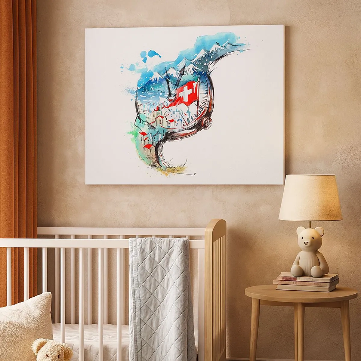 Bild auf Leinwand - Leinwandbild - Eine Aquarelllandschaft der Schweiz im Uhrwerk-Design - 70x50cm - Der Geist der Schweiz - Moderne Wanddekoration für Wohnzimmer und Schlafzimmer ARTTOR