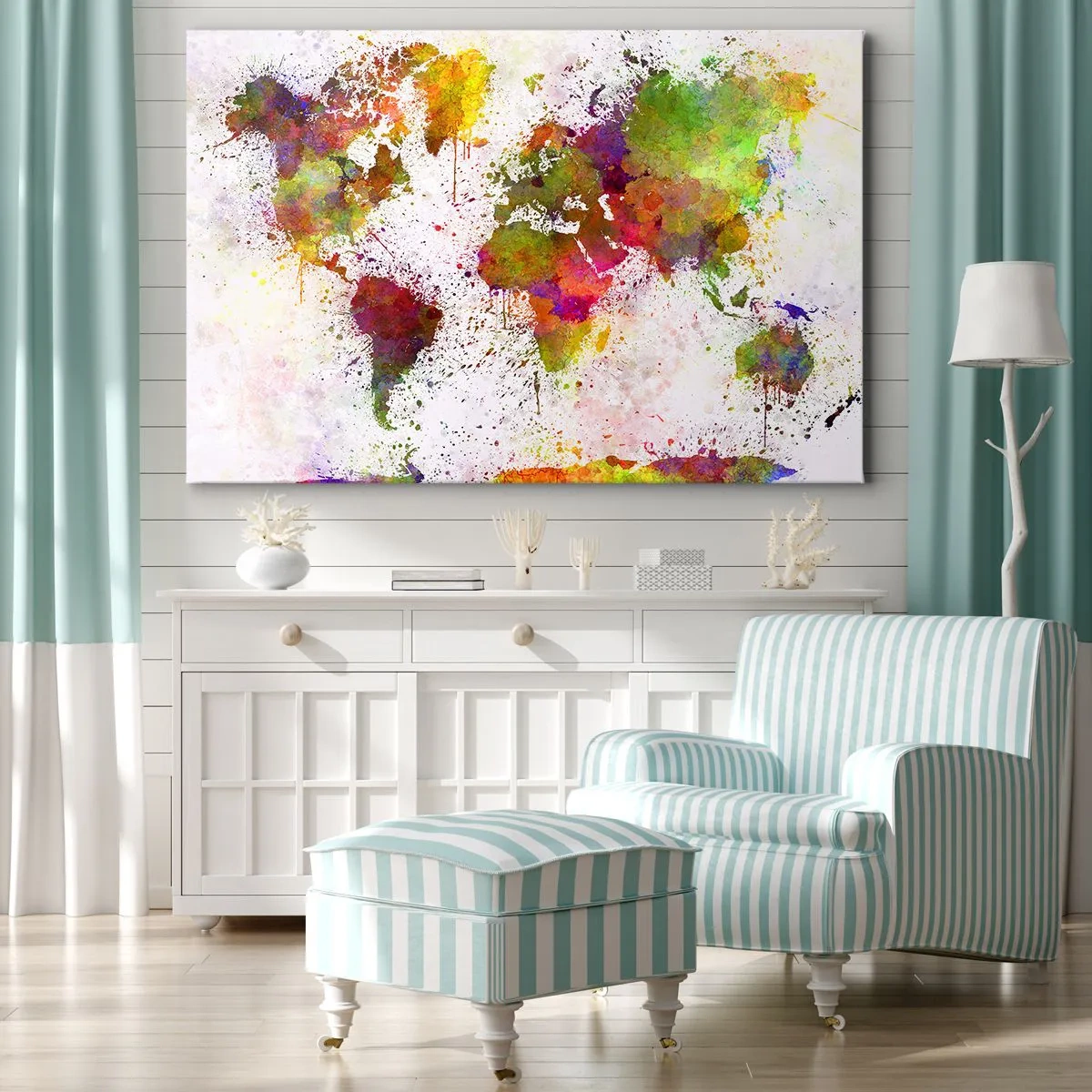 Bild auf Leinwand - Leinwandbild - Eine farbenfrohe Weltkarte im abstrakten Stil - 70x50cm - Irgendwie ist es gleich geworden - Moderne Wanddekoration für Wohnzimmer und Schlafzimmer ARTTOR