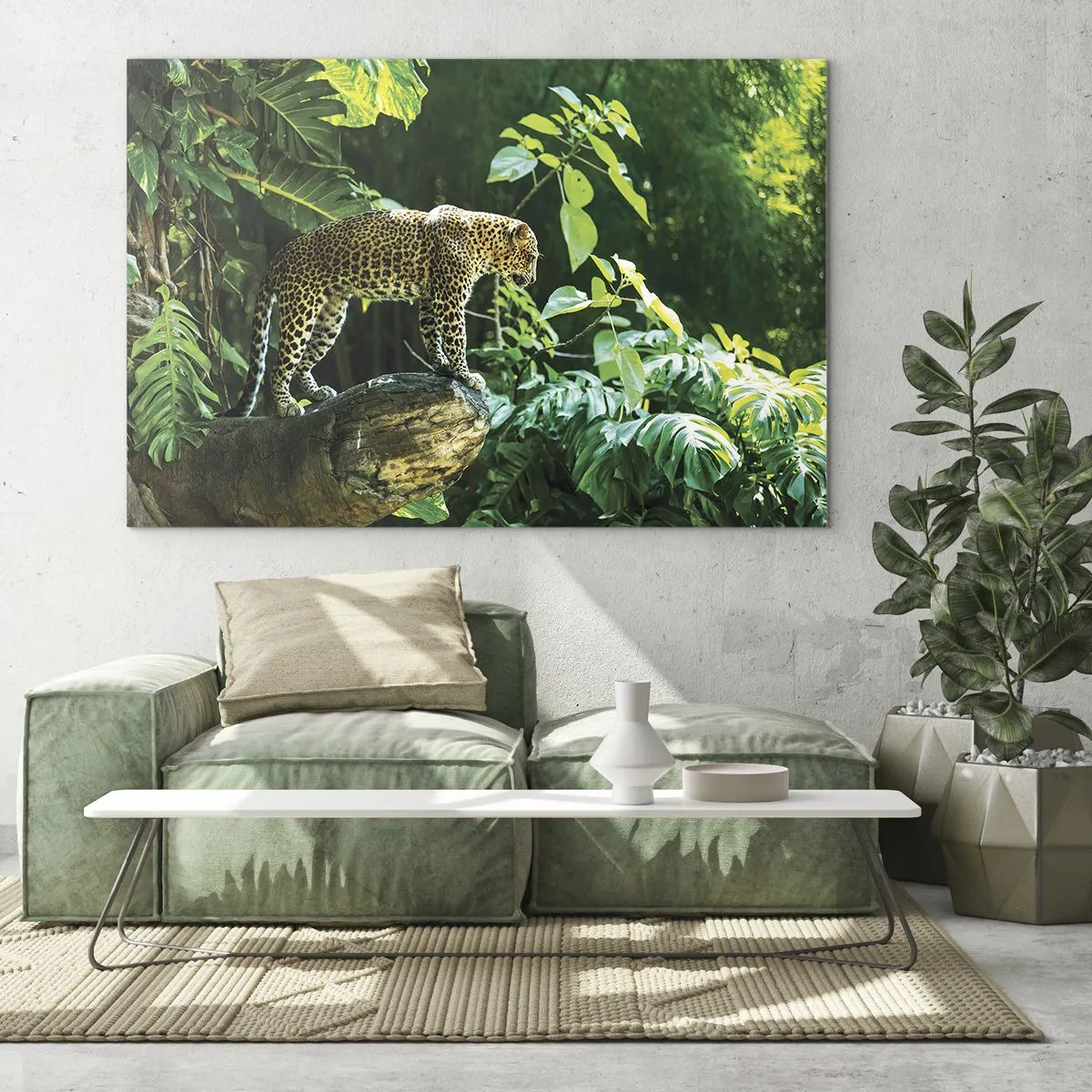 Glasbild - Bild auf glas - Leopard auf einem Felsen im tropischen Dschungel - 120x80cm - Auf die Jagd? - Moderne Wanddekoration für Wohnzimmer und Schlafzimmer ARTTOR
