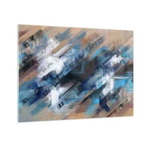 Glasbild - Bild auf glas - Abstrakte diagonale Streifen in Blau-, Weiß- und Beigetönen - 70x50cm - Auf einer blauen Diagonale - Moderne Wanddekoration für Wohnzimmer und Schlafzimmer ARTTOR