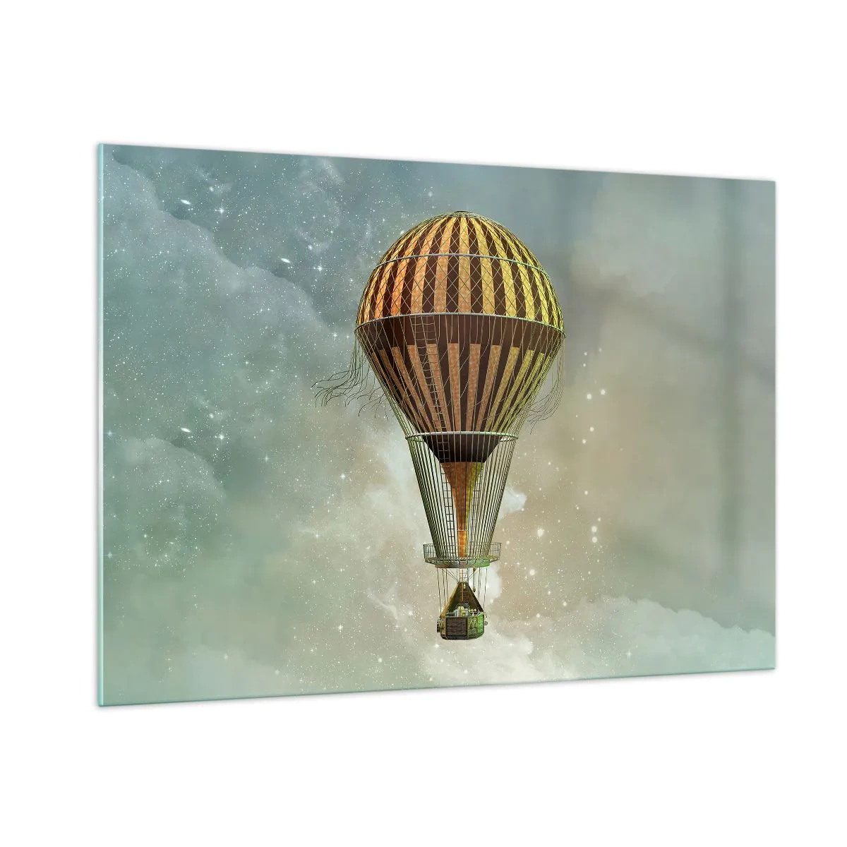 Glasbild - Bild auf glas - Ein stilisierter Ballon vor dem Hintergrund eines Sternenhimmels und Wolken. - 100x70cm - Pionierflüge - Moderne Wanddekoration für Wohnzimmer und Schlafzimmer ARTTOR