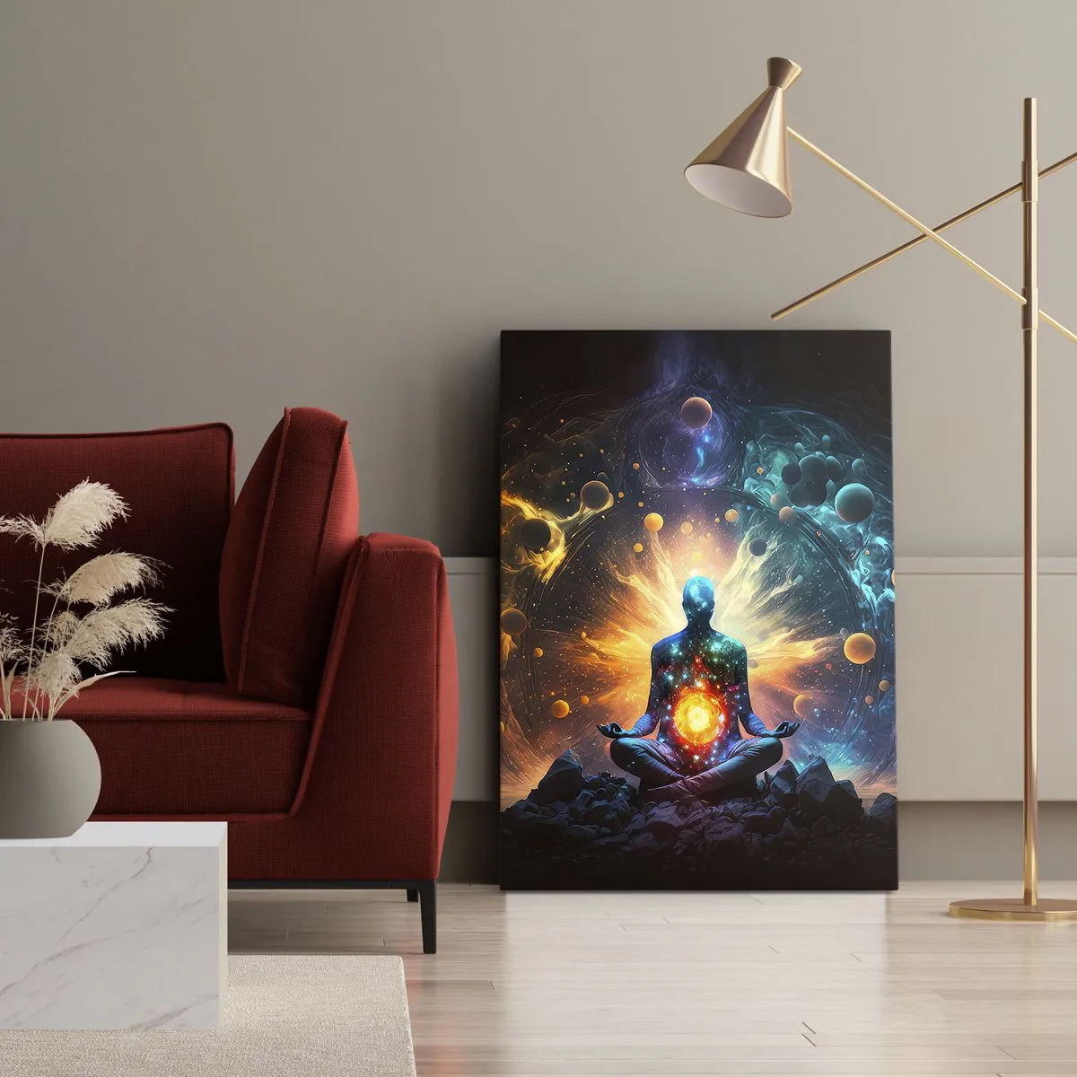 Bild auf Leinwand - Leinwandbild - Eine meditierende Figur, umgeben von einer kosmischen Aura - 80x120cm - Kosmischer Frieden - Moderne Wanddekoration für Wohnzimmer und Schlafzimmer ARTTOR
