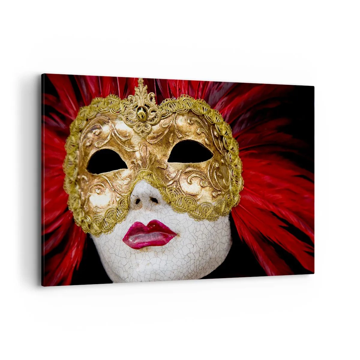 Bild auf Leinwand - Leinwandbild - Goldene venezianische Maske mit roten Federn - 100x70cm - Das Versprechen eines Karnevalsabenteuers - Moderne Wanddekoration für Wohnzimmer und Schlafzimmer ARTTOR