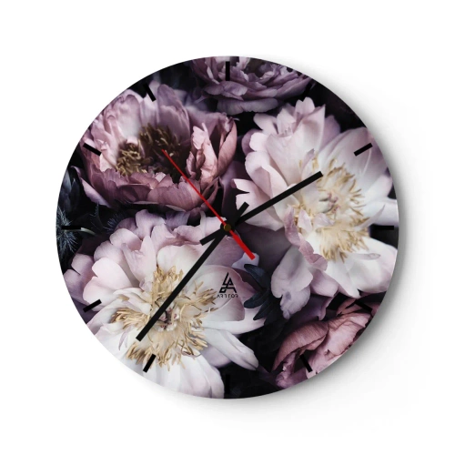 Wanduhr - Glasuhr - Rosa und cremefarbene Pfingstrosen in einem dichten, schattigen Arrangement - 30x30cm - Blumenstrauß im alten Stil - Moderne Wanddekoration für Wohnzimmer, Küche und Schlafzimmer ARTTOR