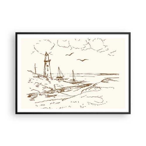 Poster in einem schwarzem Rahmen - Skizze eines Leuchtturms mit Blick auf das Meer - 100x70cm - Ein Überblick über die Erinnerungen an den Sommer - Moderne Wanddekoration für Wohnzimmer und Schlafzimmer ARTTOR
