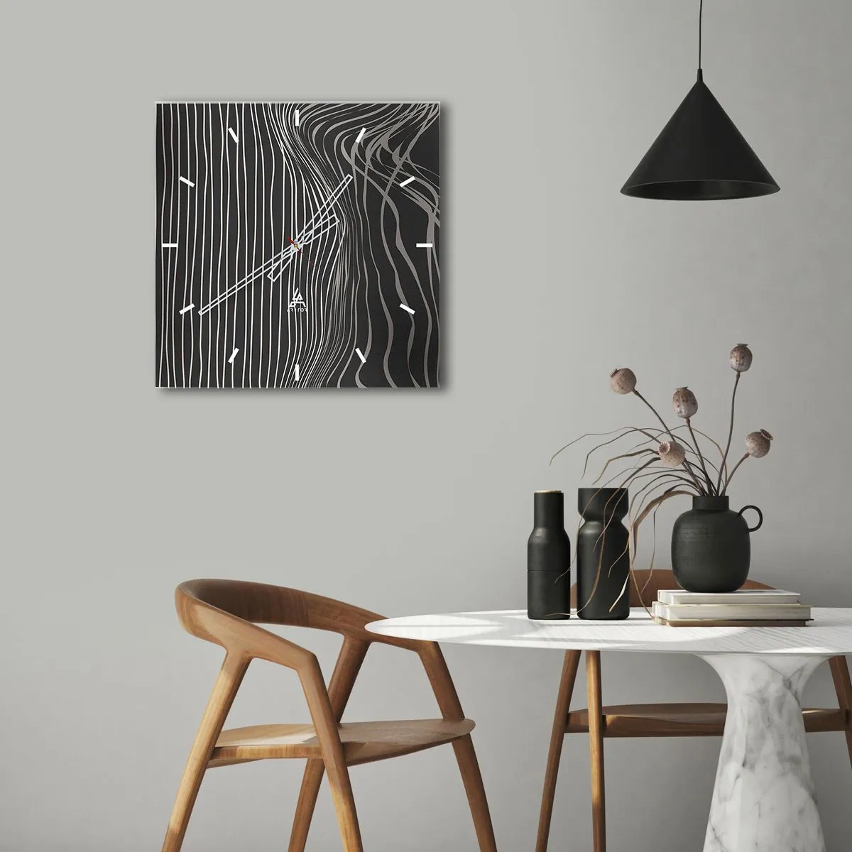 Wanduhr - Glasuhr - Weiße Linien auf dunkelgrauem Hintergrund in abstrakter Anordnung - 30x30cm - Rhythmus und Akzent - Moderne Wanddekoration für Wohnzimmer und Schlafzimmer ARTTOR