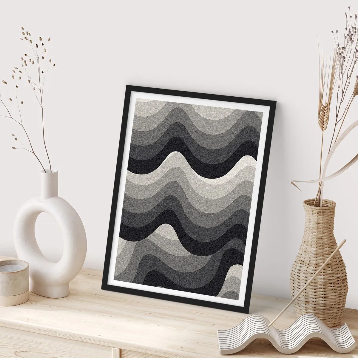 Poster in einem schwarzem Rahmen - Geometrische Wellen in Schwarz- und Grautönen - 50x70cm - Eine Welle nach der anderen - Moderne Wanddekoration für Wohnzimmer und Schlafzimmer ARTTOR