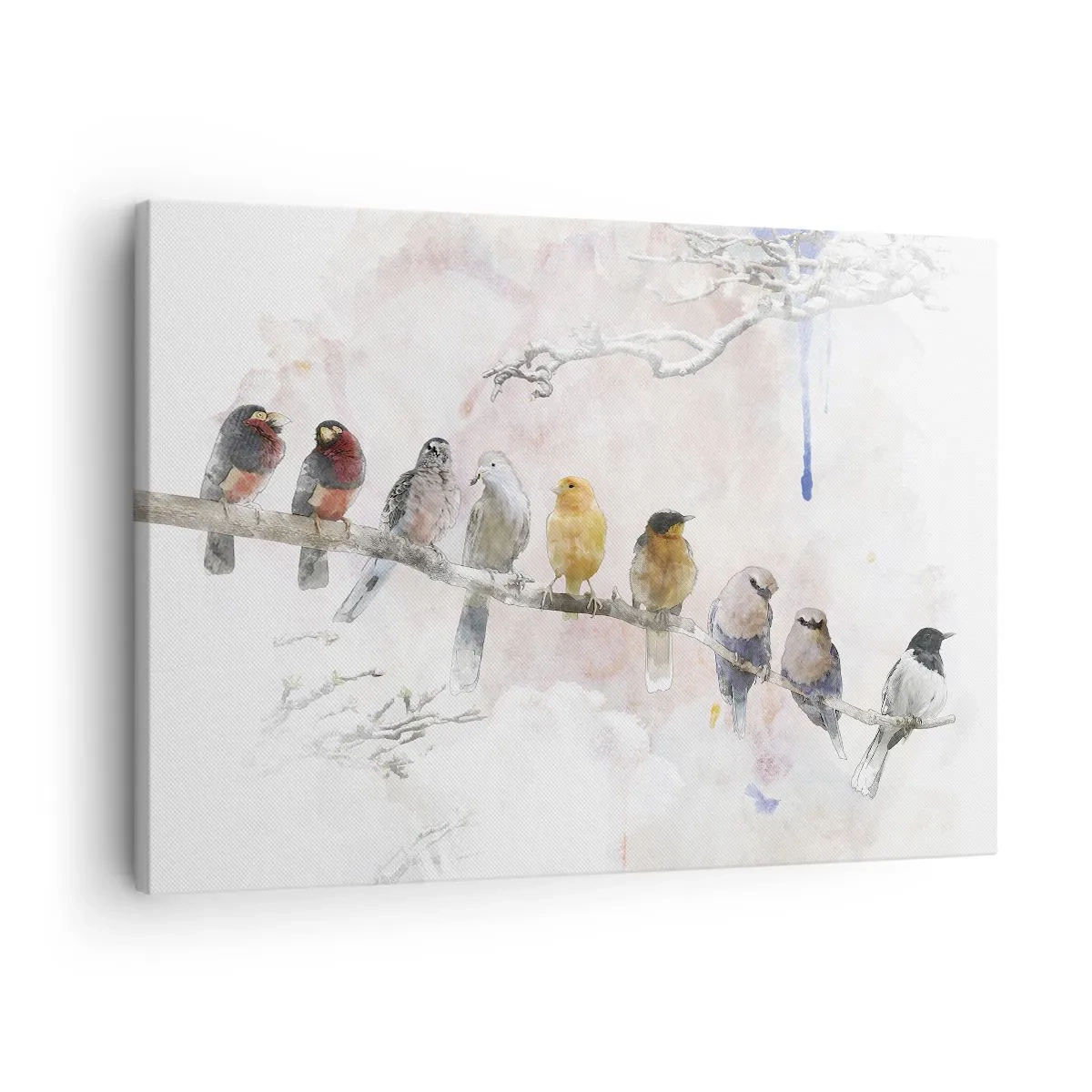 Bild auf Leinwand - Leinwandbild - Bunte Vögel auf einem Ast im Aquarellstil - 70x50cm - Geflügeltes Treffen - Moderne Wanddekoration für Wohnzimmer und Schlafzimmer ARTTOR
