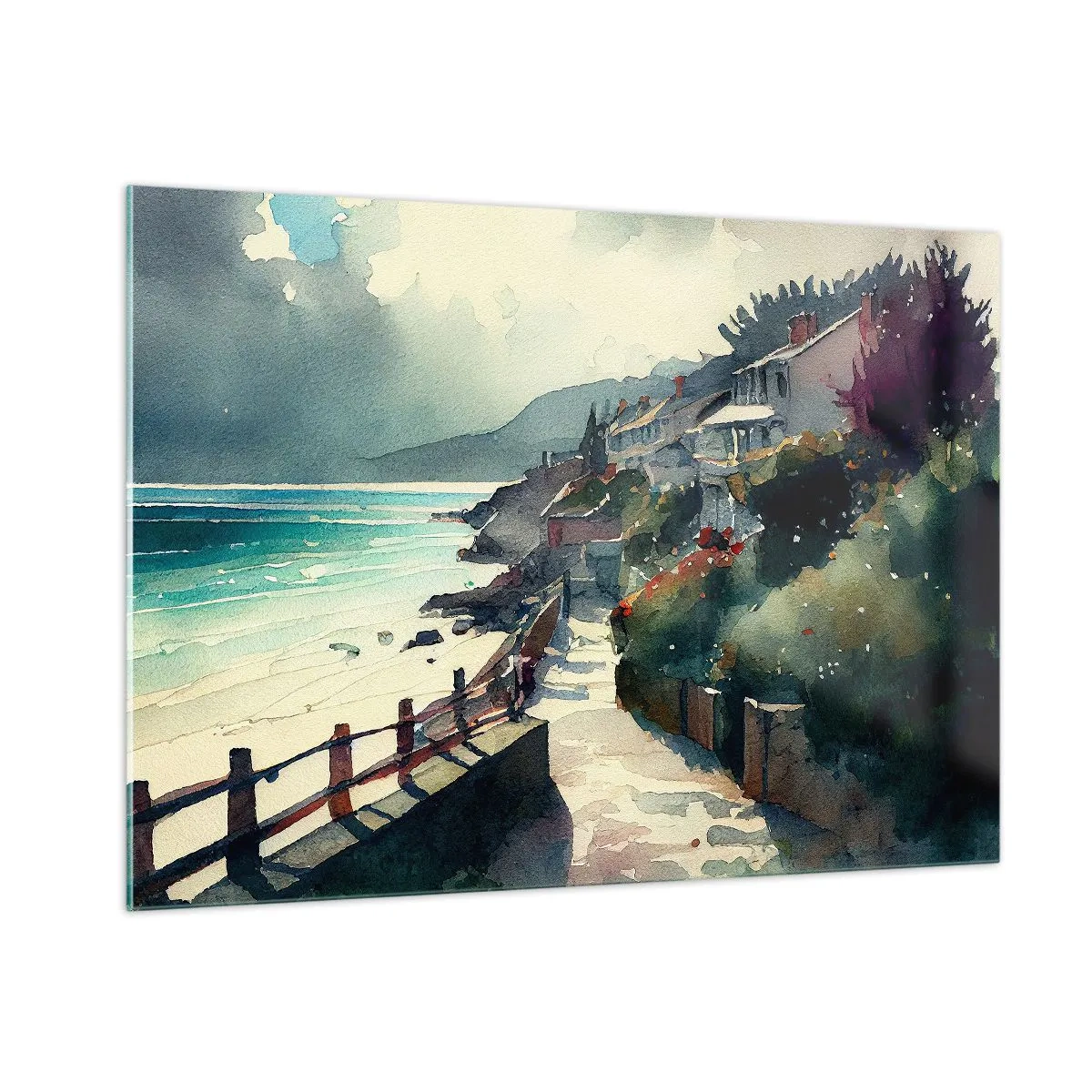 Glasbild - Bild auf glas - Eine Strandpromenade mit bunten Häusern und Wasser - 100x70cm - Mittelmeerstadt - Moderne Wanddekoration für Wohnzimmer und Schlafzimmer ARTTOR