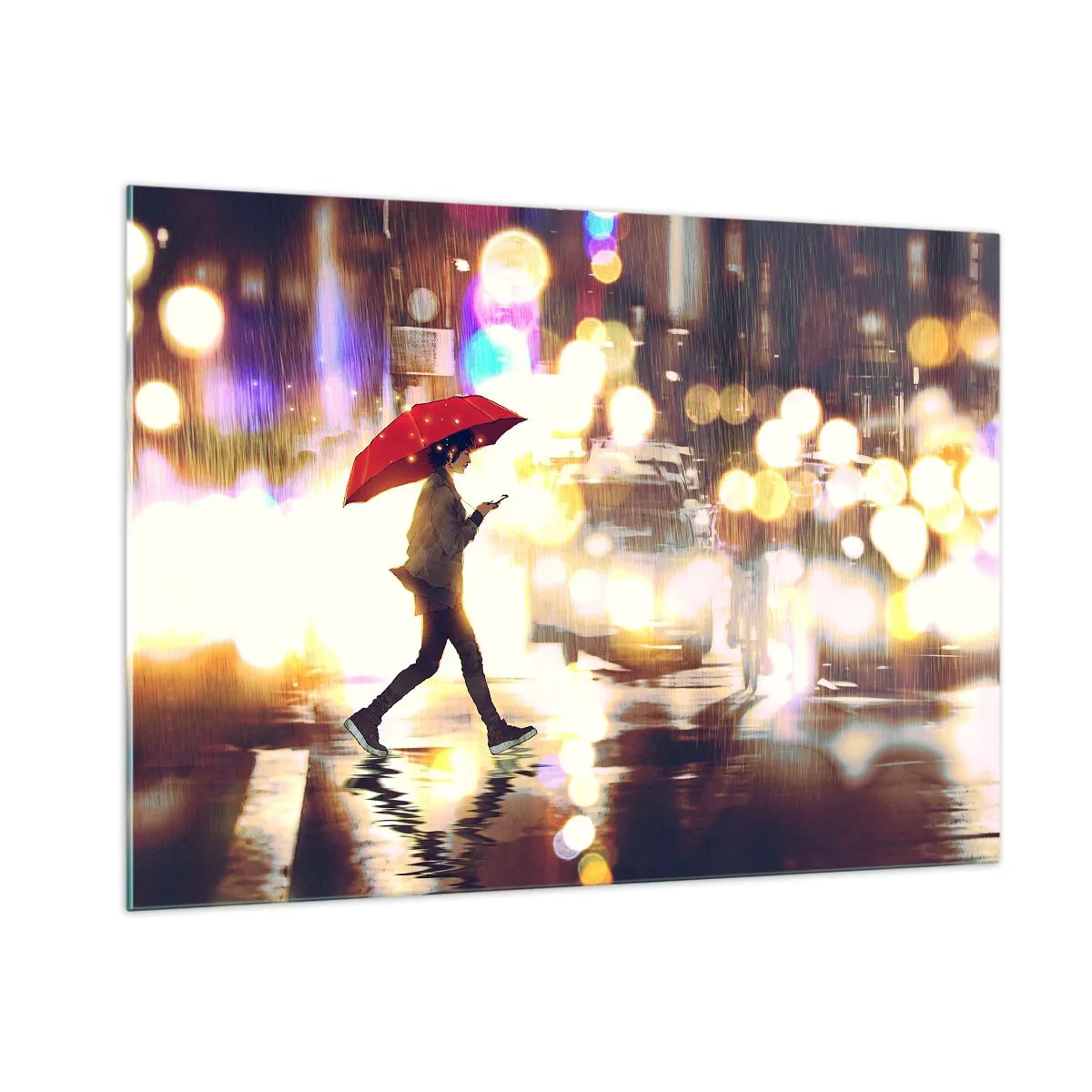 Glasbild - Bild auf glas - Eine Figur mit einem roten Regenschirm auf einer verregneten Straße in der Nacht - 100x70cm - Und doch sonnig - Moderne Wanddekoration für Wohnzimmer und Schlafzimmer ARTTOR