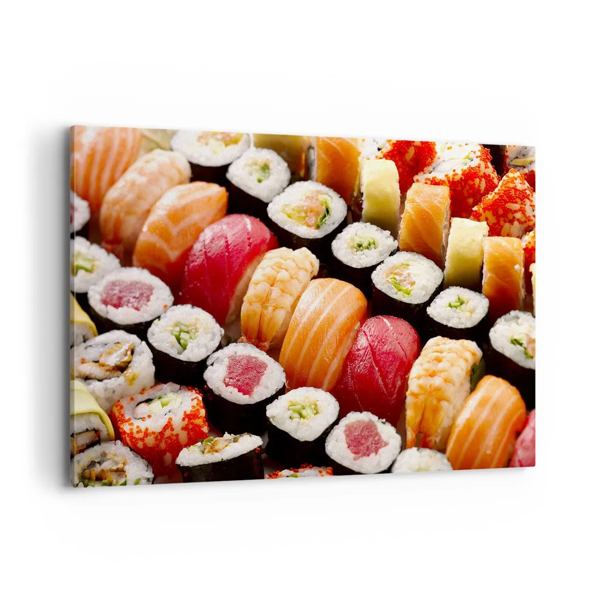 Bild auf Leinwand - Leinwandbild - Buntes Sushi in Reihen angeordnet mit verschiedenen Toppings - 120x80cm - Farben und Aromen Asiens - Moderne Wanddekoration für Wohnzimmer und Schlafzimmer ARTTOR
