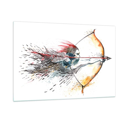 Glasbild - Bild auf glas - Bogenschütze in einer dynamischen Aquarellkulisse - 120x80cm - Mythischer Krieger mit feurigem Bogen - Moderne Wanddekoration für Wohnzimmer und Schlafzimmer ARTTOR