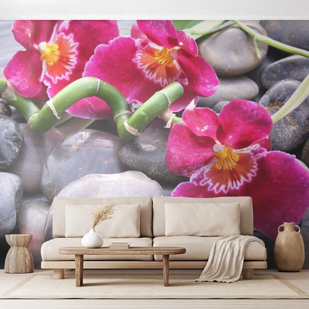 Maßgeschneiderte Fototapete Premium Sand - Kühlen und erhitzen - Blumen, Steine, Orchidee