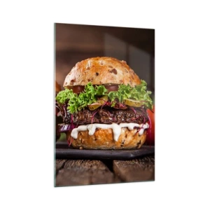 Glasbild - Bild auf glas - Appetitliche Burger mit Gemüse und Sauce - 70x100cm - Amerikanischer Traum - Moderne Wanddekoration für Wohnzimmer und Schlafzimmer ARTTOR