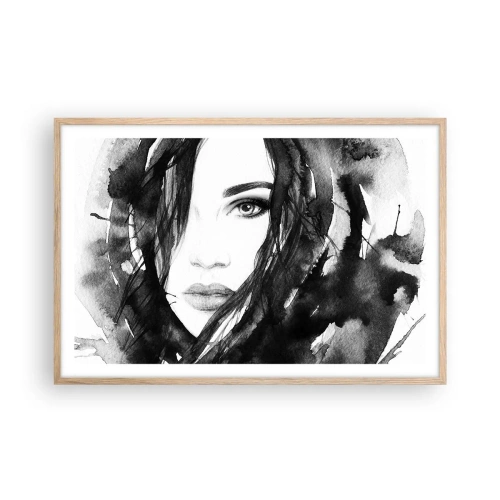 Poster in einem Rahmen aus heller Eiche - Porträt einer Dame in Schwarzweiß - 91x61 cm