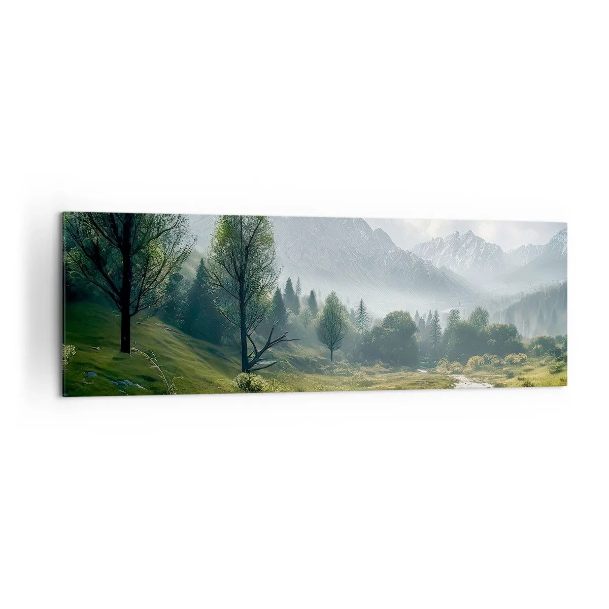 Bild auf Leinwand - Leinwandbild - Eine Berglandschaft mit einem Fluss und Bäumen, umgeben von nebligen Bergen - 160x50cm - Hin und zurück - Moderne Wanddekoration für Wohnzimmer und Schlafzimmer ARTTOR