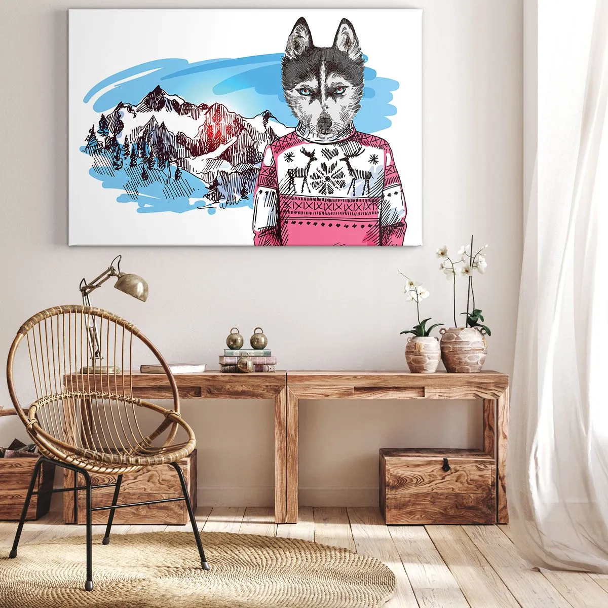 Bild auf Leinwand - Leinwandbild - Ein Wolf im Winterpullover vor einer Berglandschaft - 120x80cm - Ein Wolf in Schafwolle - Moderne Wanddekoration für Wohnzimmer und Schlafzimmer ARTTOR