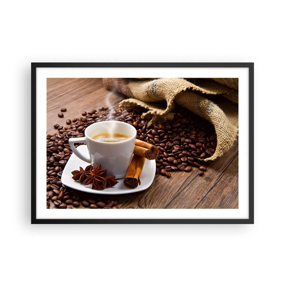 Poster in einem schwarzem Rahmen - Eine Tasse Kaffee mit Zimt und Anis auf einem Hintergrund aus Kaffeebohnen - 70x50cm - Würziger Geschmack und Aroma - Moderne Wanddekoration für Wohnzimmer und Schlafzimmer ARTTOR