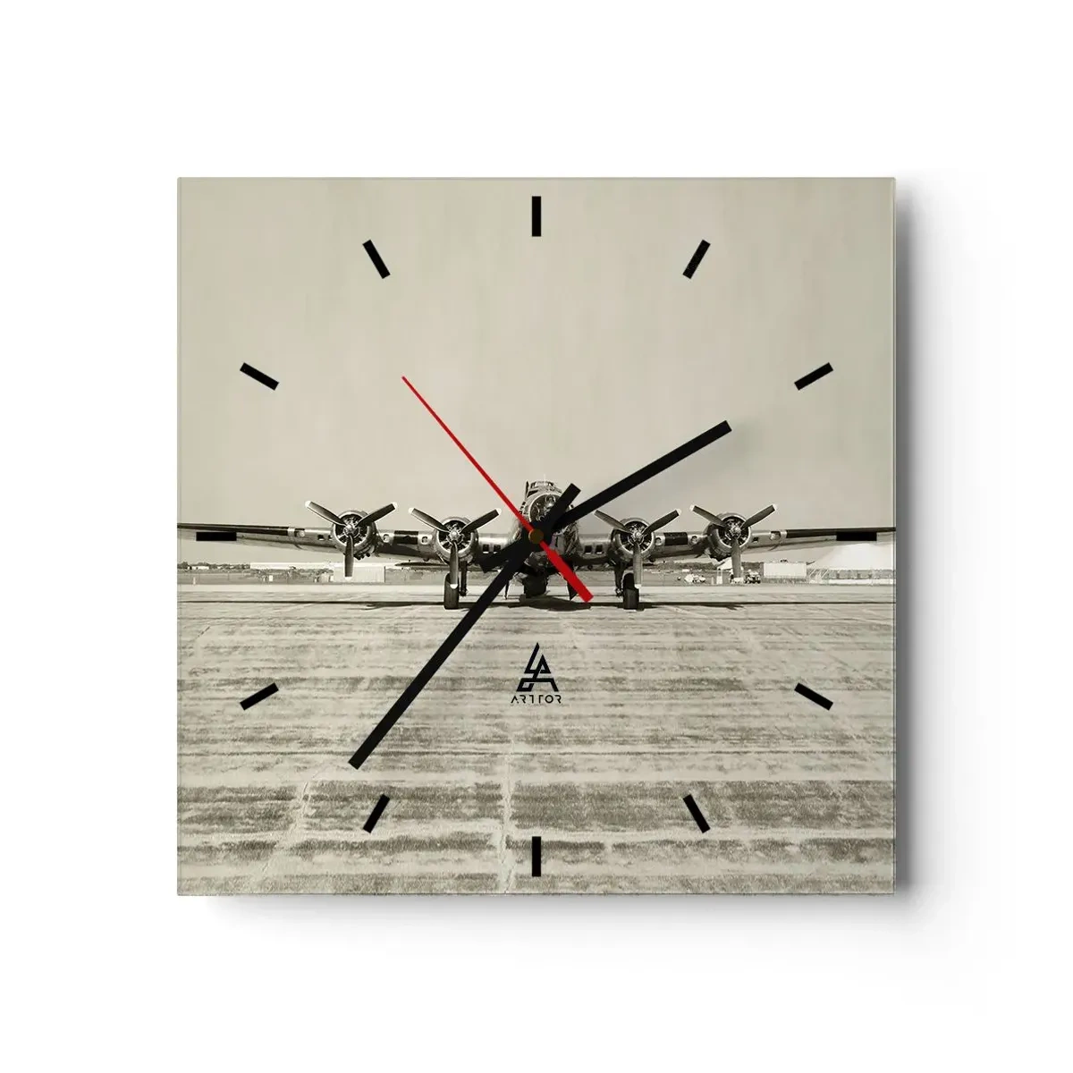 Wanduhr - Glasuhr - Historisches Flugzeug auf dem Flughafen in Sepia - 30x30cm - Wie immer bereit - Moderne Wanddekoration für Wohnzimmer und Schlafzimmer ARTTOR
