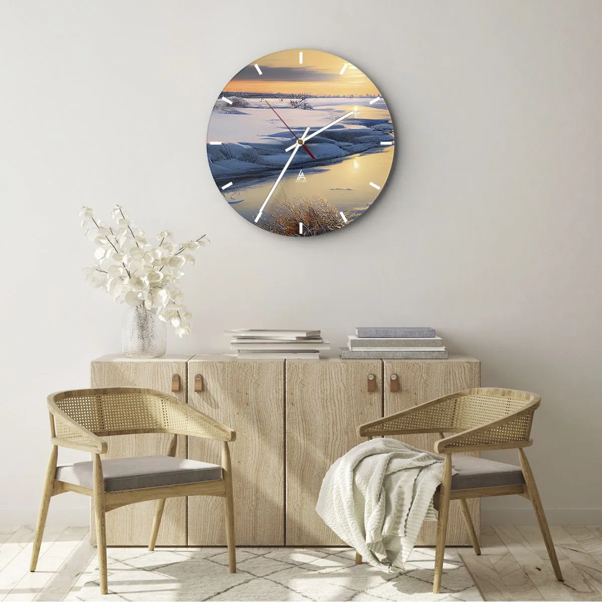 Wanduhr - Glasuhr - Wintersonnenuntergang - 40x40 cm