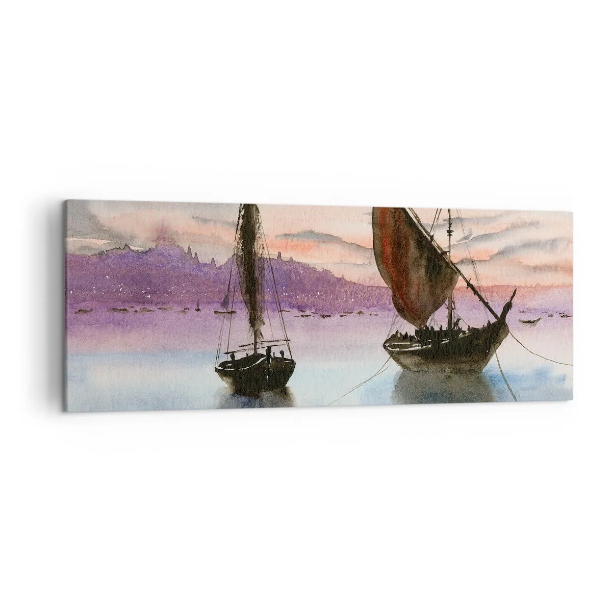Bild auf Leinwand - Leinwandbild - Zwei Segelschiffe liegen in der Abenddämmerung auf ruhigem Wasser vor Anker - 140x50cm - Abend am Hafen - Moderne Wanddekoration für Wohnzimmer und Schlafzimmer ARTTOR