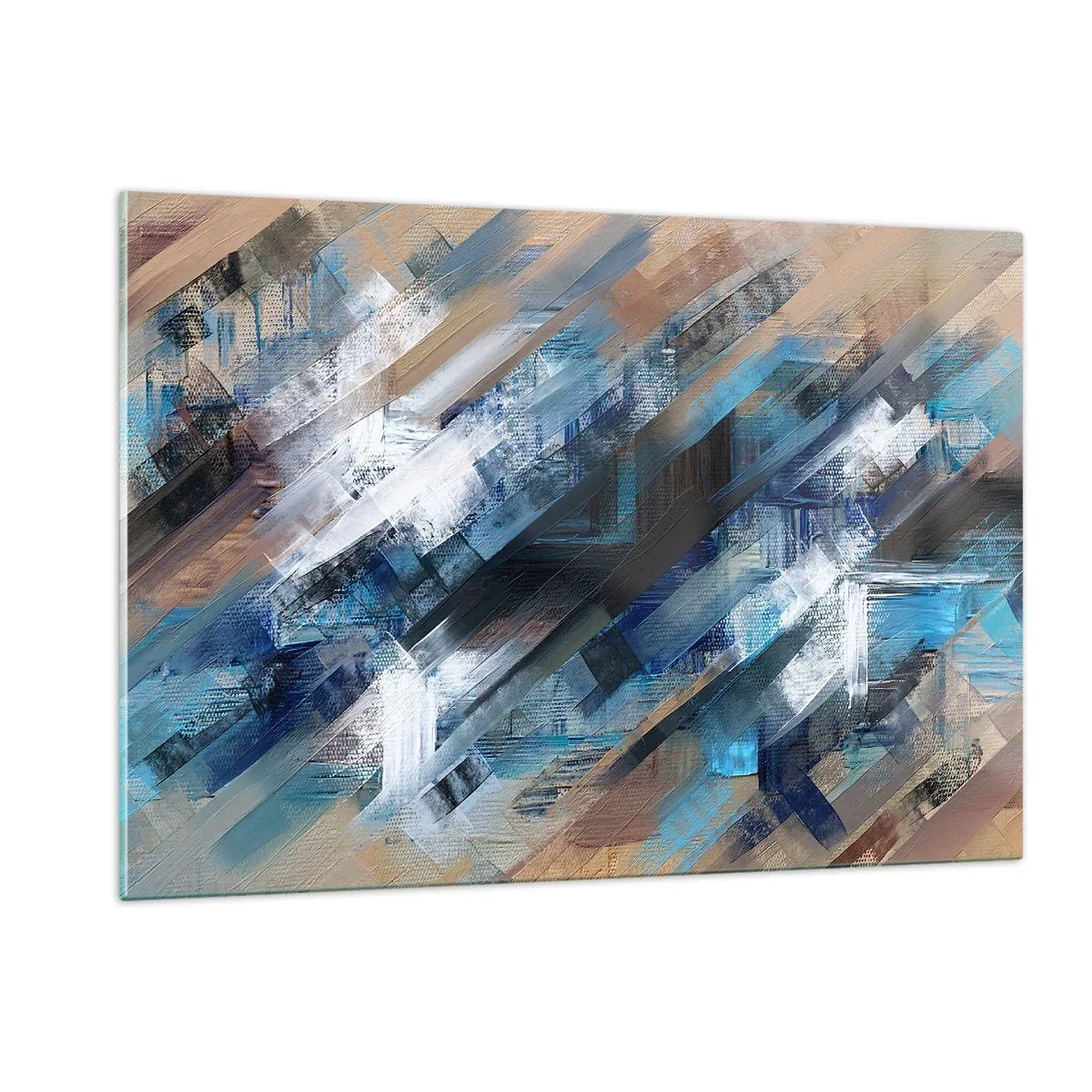 Glasbild - Bild auf glas - Abstrakte diagonale Streifen in Blau-, Weiß- und Beigetönen - 120x80cm - Auf einer blauen Diagonale - Moderne Wanddekoration für Wohnzimmer und Schlafzimmer ARTTOR