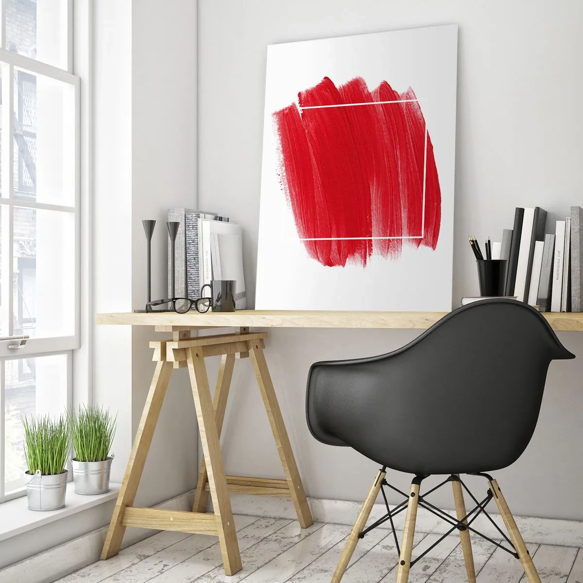 Glasbild - Bild auf glas - Roter Pinselstrich mit weißem Rand - 70x100cm - Aus dem Rahmen - Moderne Wanddekoration für Wohnzimmer und Schlafzimmer ARTTOR