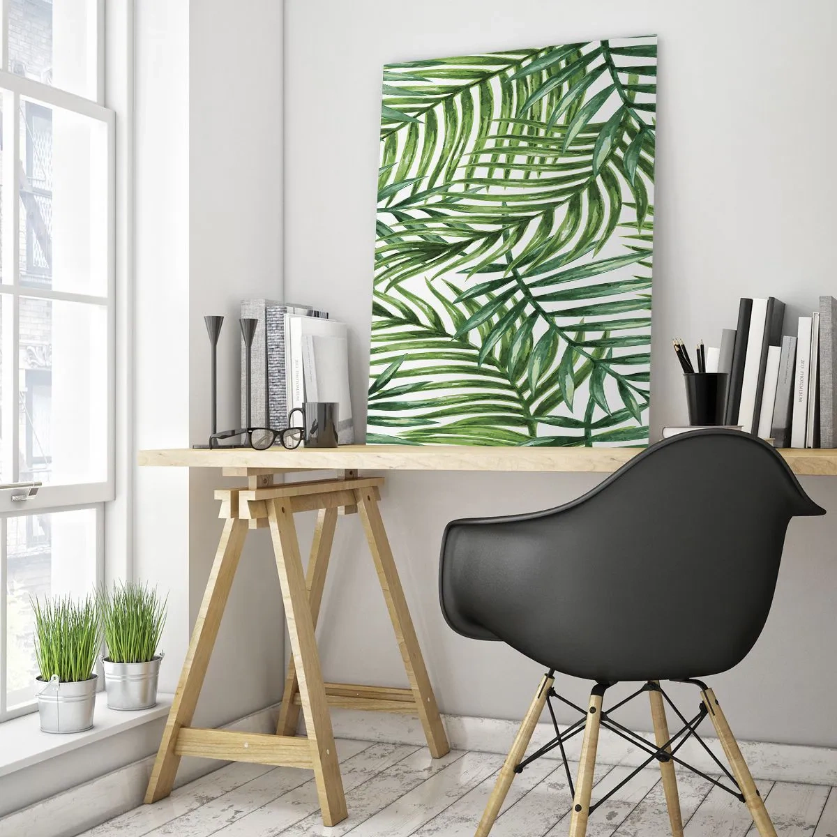 Glasbild - Bild auf glas - Grüne tropische Palmblätter auf hellem Hintergrund - 70x100cm - Unter dem grünen Baldachin - Moderne Wanddekoration für Wohnzimmer und Schlafzimmer ARTTOR