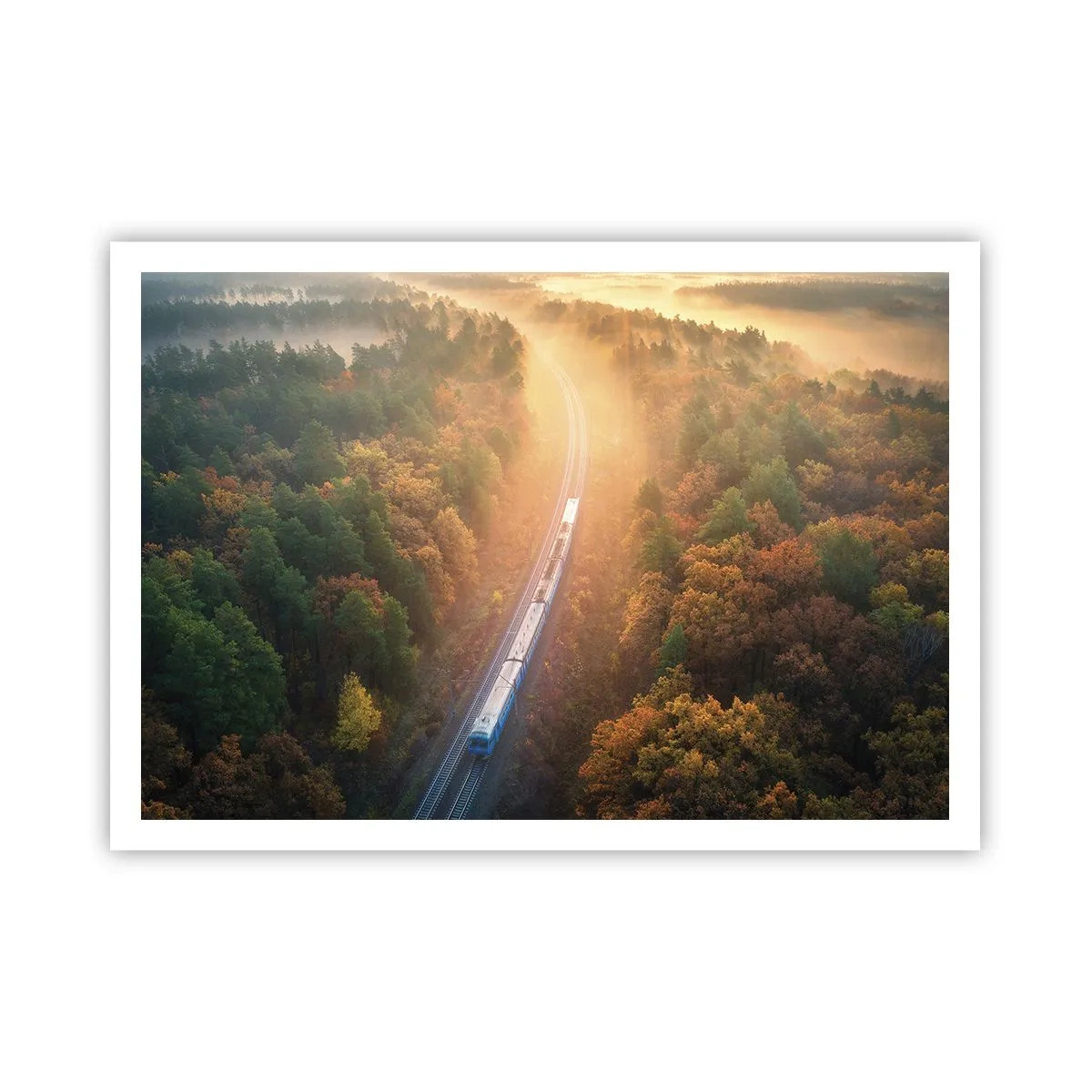 Poster - Ein Zug in einem herbstlichen Wald im Morgengrauen - 100x70cm - Herbstreise - Moderne Wanddekoration für Wohnzimmer und Schlafzimmer ARTTOR