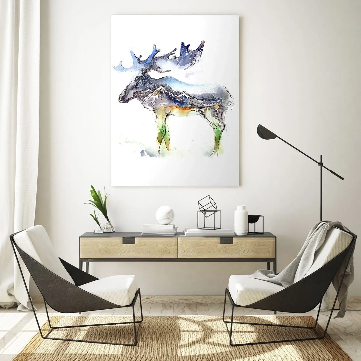 Glasbild - Bild auf glas - Aquarellmalerei eines Elches mit Bergsilhouette-Motiv - 50x70cm - Der Held eines Wintermärchens - Moderne Wanddekoration für Wohnzimmer und Schlafzimmer ARTTOR