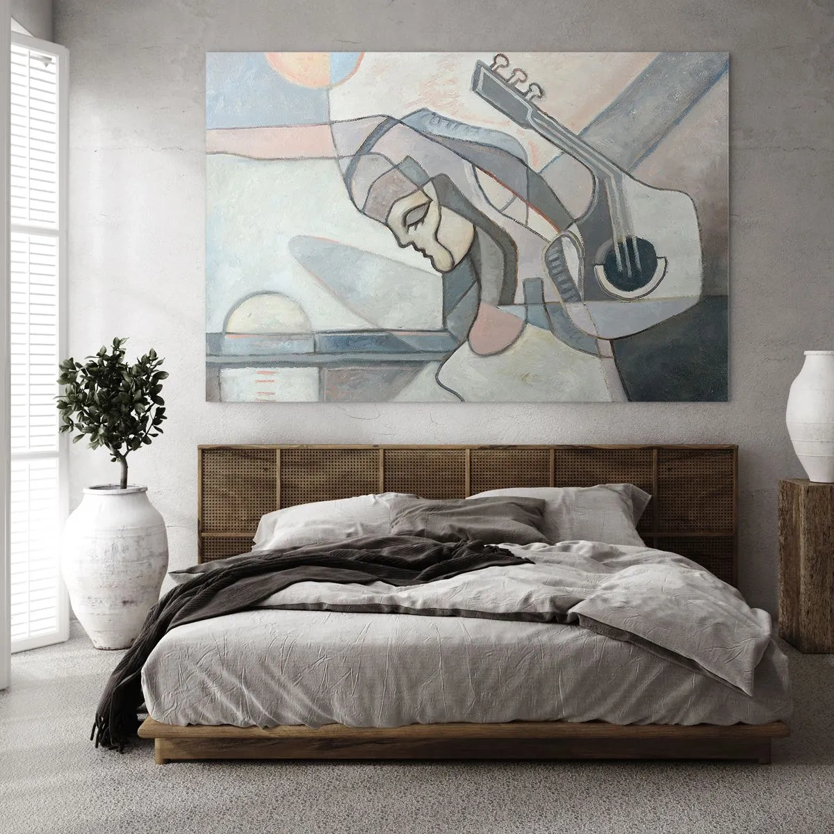 Glasbild - Bild auf glas - Künstlerische Figur einer Frau mit Gitarre in Pastellfarben - 70x50cm - In der Kraft der Musik - Moderne Wanddekoration für Wohnzimmer und Schlafzimmer ARTTOR