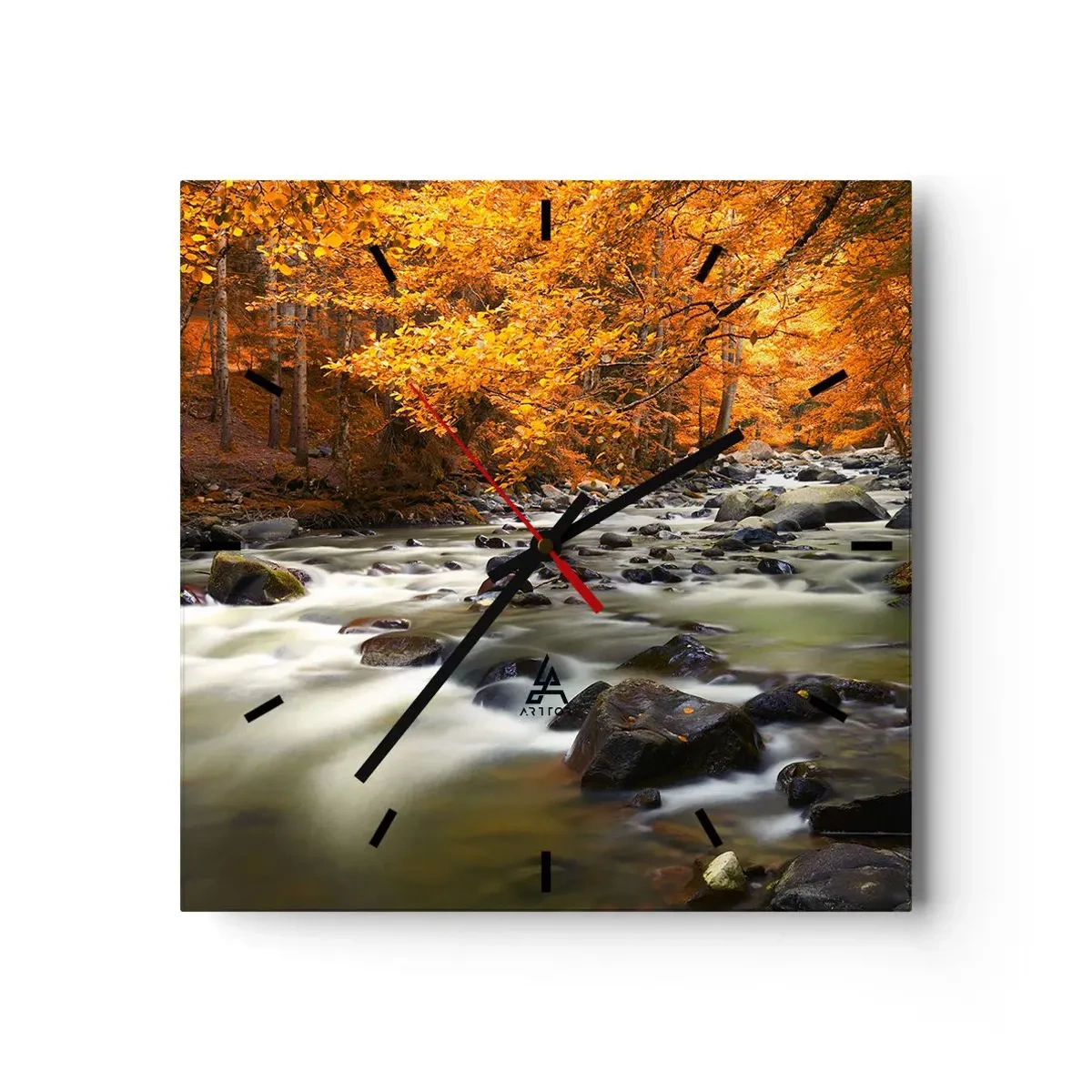 Wanduhr - Glasuhr - Ein Bach in einem herbstlichen Wald, umgeben von goldenen Blättern - 30x30cm - Ein Bach in einem goldenen Wald - Moderne Wanddekoration für Wohnzimmer und Schlafzimmer ARTTOR