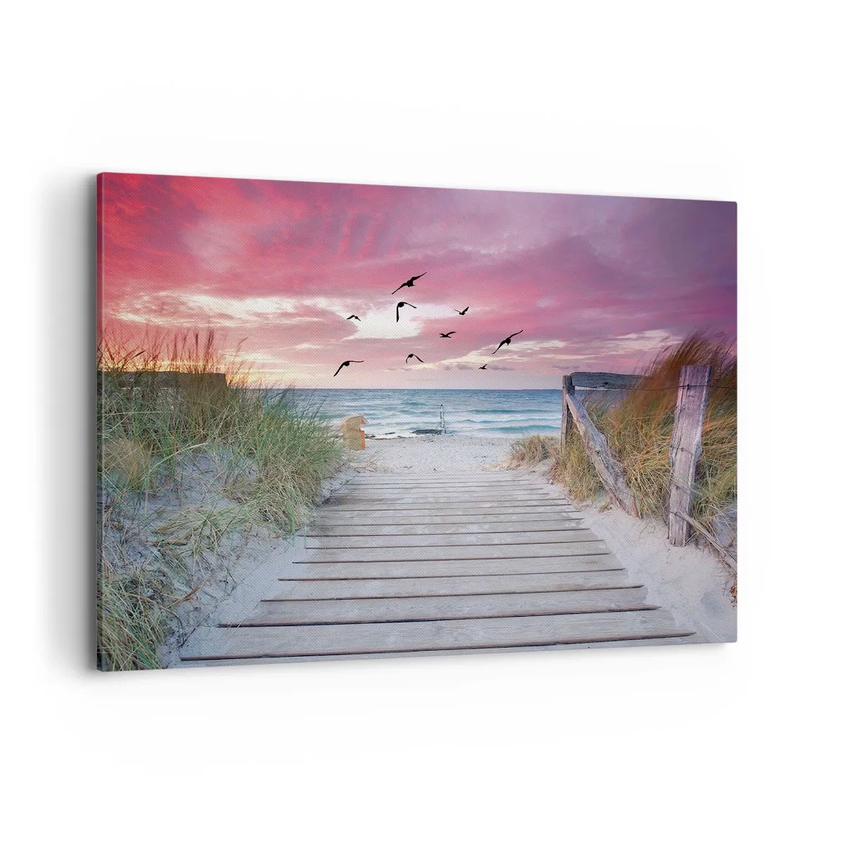 Bild auf Leinwand - Leinwandbild - Holzweg am Strand bei rosa Sonnenuntergang - 100x70cm - Baltischer Eindruck - Moderne Wanddekoration für Wohnzimmer und Schlafzimmer ARTTOR