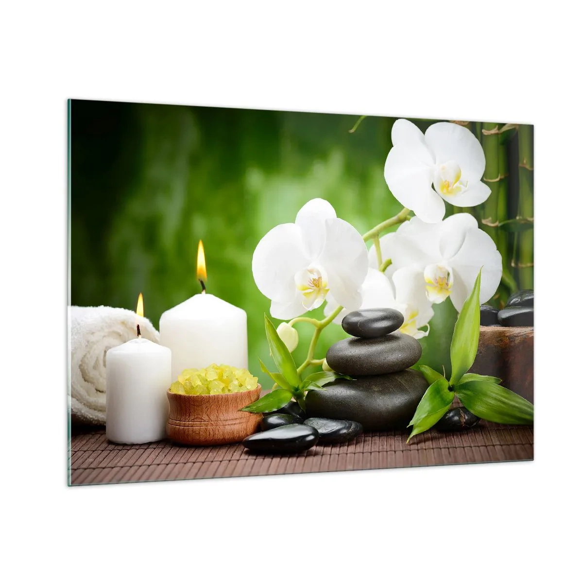 Glasbild - Bild auf glas - Spa mit Orchideen, Steinen und Kerzen vor grünem Hintergrund - 100x70cm - Duftige, blumige, zarte Berührung - Moderne Wanddekoration für Wohnzimmer und Schlafzimmer ARTTOR