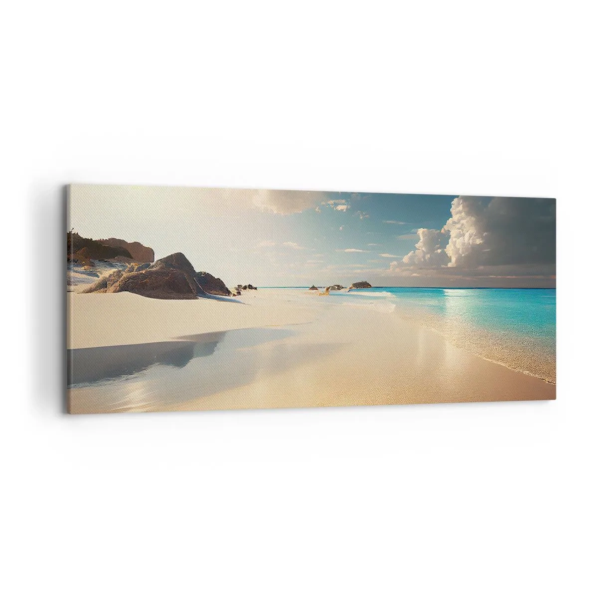 Bild auf Leinwand - Leinwandbild - Ein sonniger Strand mit blauem Meer und Felsen - 120x50cm - Erträumter Tag - Moderne Wanddekoration für Wohnzimmer und Schlafzimmer ARTTOR