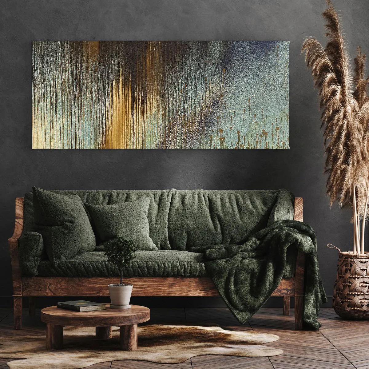 Bild auf Leinwand - Leinwandbild - Eine abstrakte Farbkomposition in Gold-, Braun- und Blautönen. - 140x50cm - Eine nicht zufällige farbenfrohe Komposition - Moderne Wanddekoration für Wohnzimmer und Schlafzimmer ARTTOR