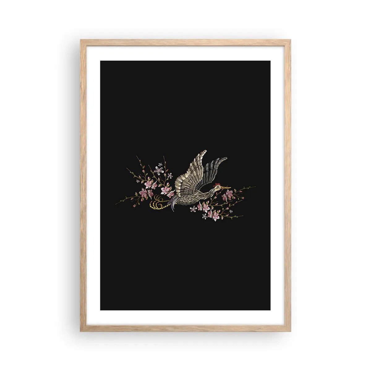 Poster in einem Rahmen aus heller Eiche - Exotischer gestickter Vogel - 50x70 cm