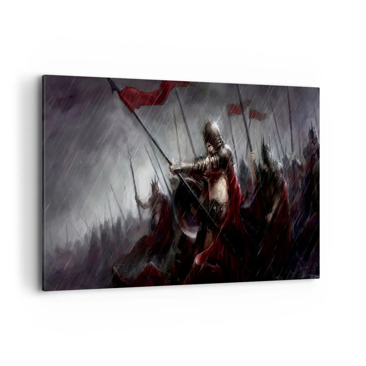 Bild auf Leinwand - Leinwandbild - Ritter marschieren im Regen zum Schlachtfeld - 100x70cm - Passant, sag Sparta ... - Moderne Wanddekoration für Wohnzimmer und Schlafzimmer ARTTOR